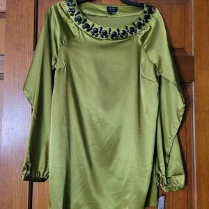 NWT Women's Size 10 Nicole Miller Olive Green Long Sleeve Dressy Blouse Gems